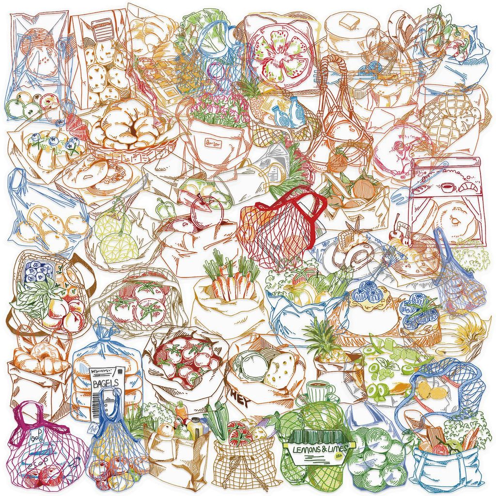 Food Snacks Drawing - สติกเกอร์กันน้ำลายการ์ตูนมินิมอล 50 ชิ้น ลายอาหารสีสันสดใส สำหรับตกแต่งตามสั่ง ร้านค้าอนิเมะเวิลด์