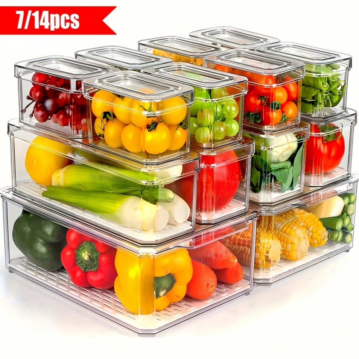 Food Packed Snacks - ชุดกล่องจัดระเบียบตู้เย็นแบบซ้อนกันได้ 7/14 ชิ้น พร้อมฝาปิด ช่วยประหยัดพื้นที่ สำหรับเก็บอาหาร