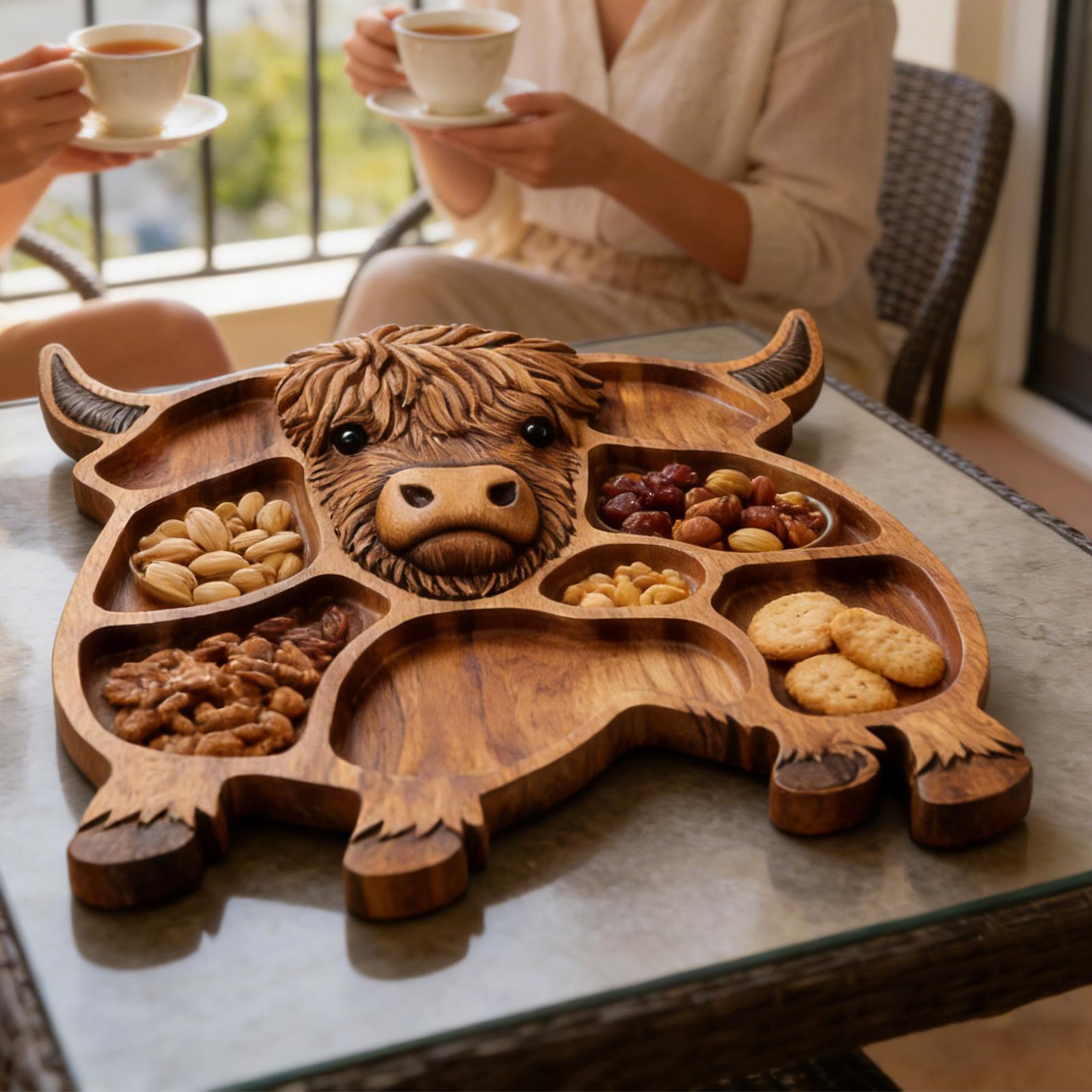Food Platter Snacks - เขียงไม้ลายวัวไฮแลนด์สไตล์ชนบท สำหรับเสิร์ฟชีส ผลไม้ เนื้อสัตว์ เหมาะสำหรับงานสังสรรค์ในครอบครัว
