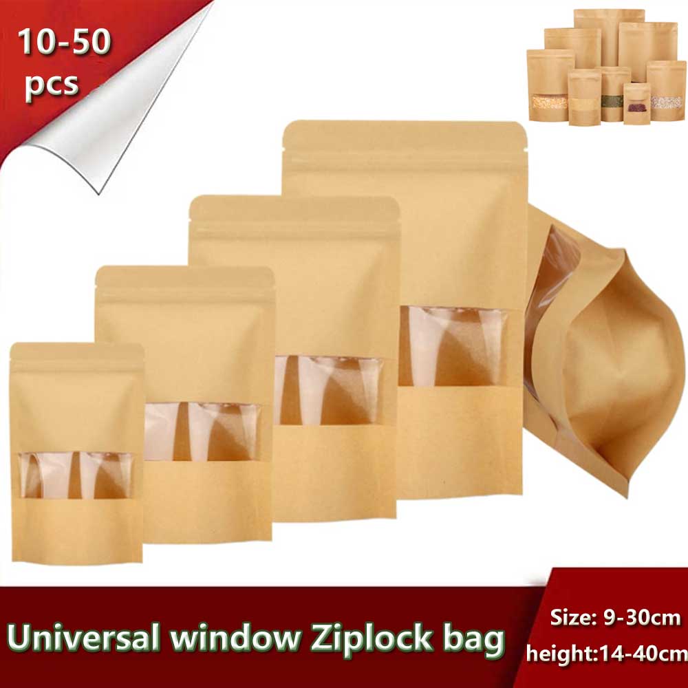 Food Like Snacks - 10-50pcs Upright Seal กระดูกซิปกระดาษคราฟท์หน้าต่างกระเป๋าสําหรับบิสกิตถั่วขนมชาบรรจุภัณฑ์ Seal Self-Sealing